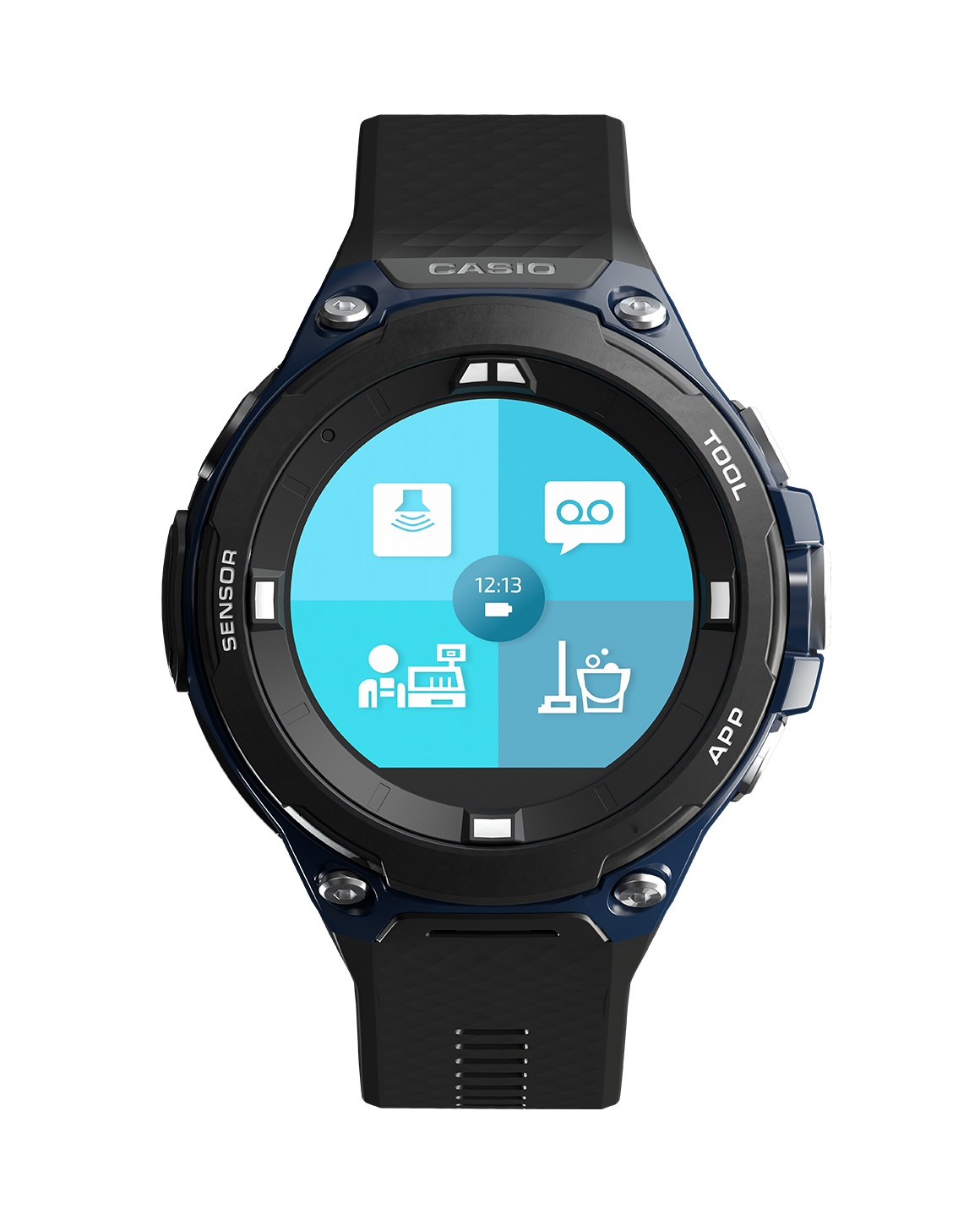 A wristwatch with icons; copyright: CASIO