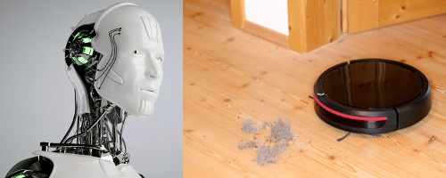 On the left a modern humanoid robot head, on the right a vacuum cleaner robot...