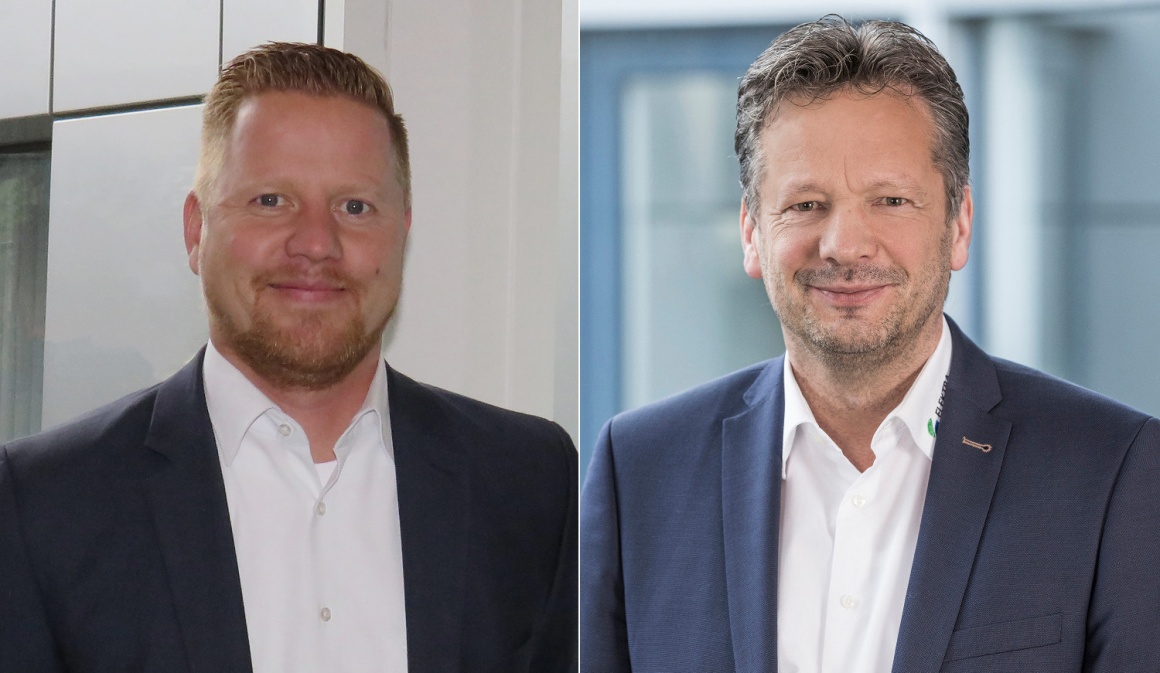 Two juxtaposed images of two men in a suit smiling into the camera...