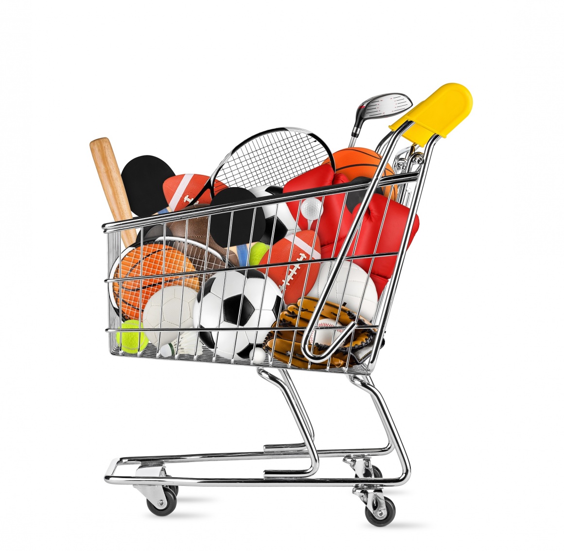 A filled shopping trolley on a white background