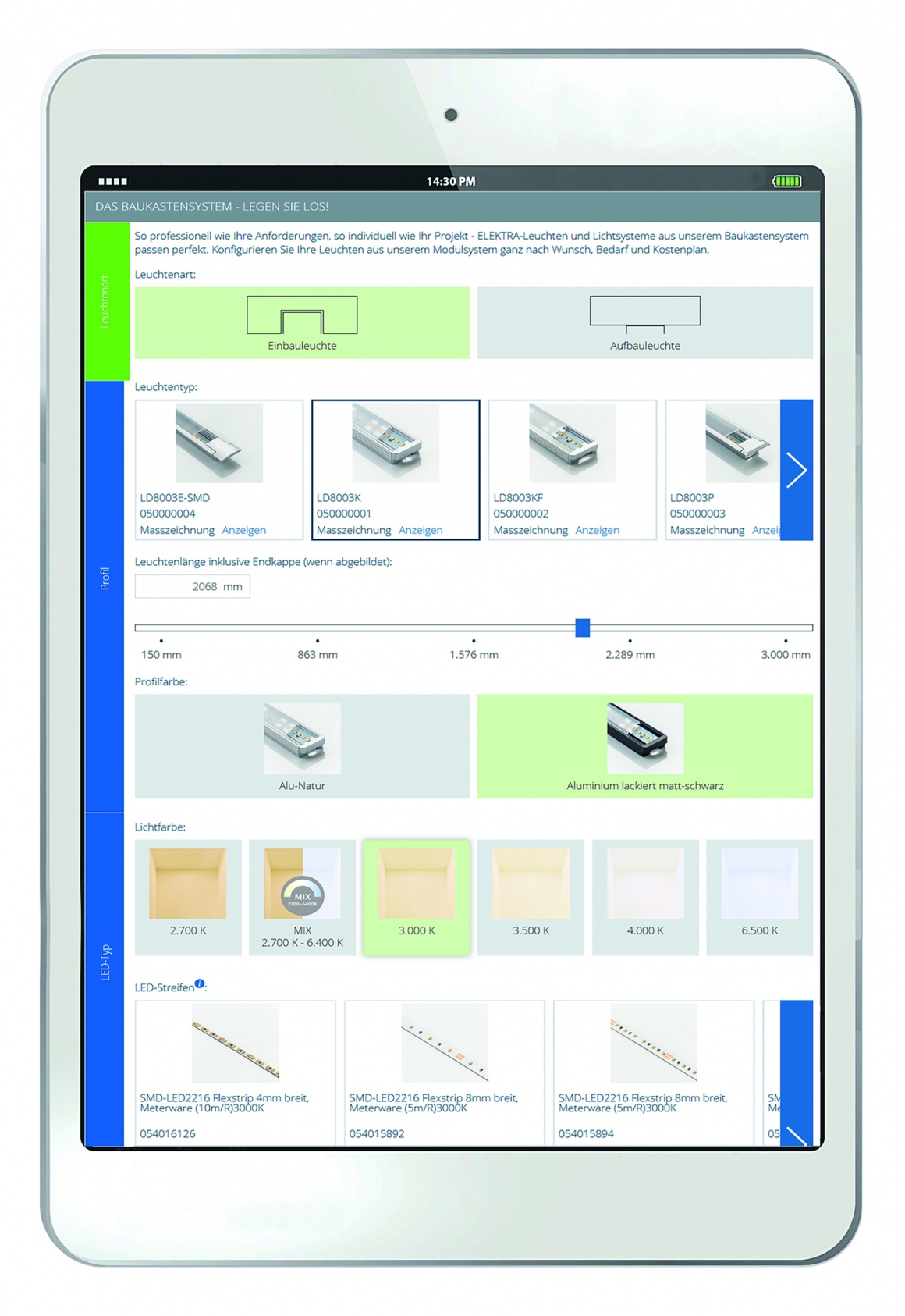 Mockup of a tablet with a lighting configurator for customers...