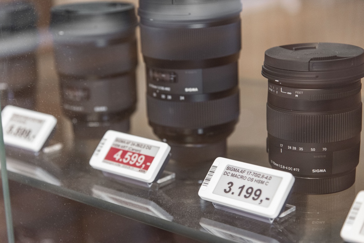 Cameras and electronic shelf labels in a glass display case...