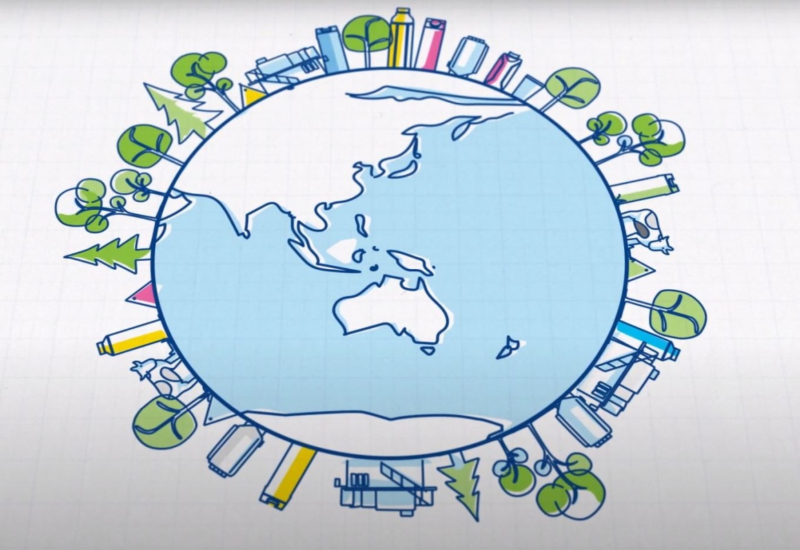 A drawing of the earth with trees and food packaging standing on its surface...