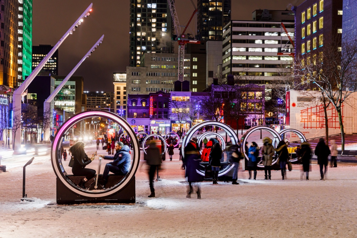 An installation with lighting in a public square in Montréal, Canada...