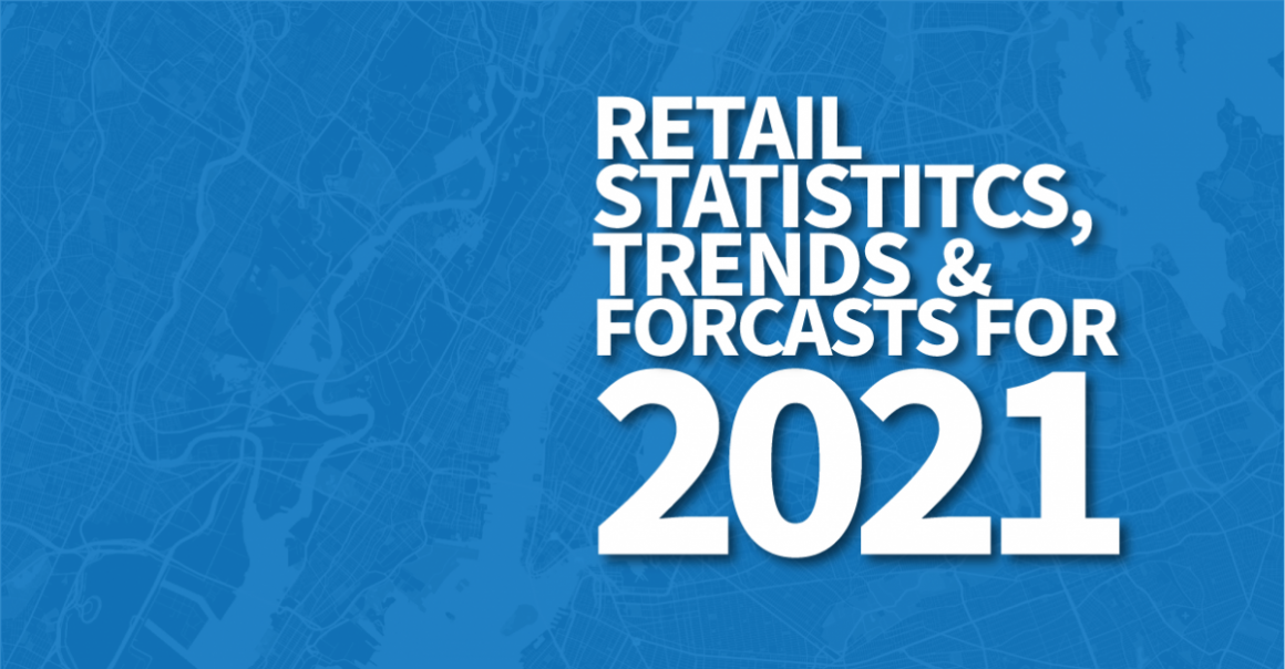A blue online banner reading Retail statistics, trends and forecasts for 2021...
