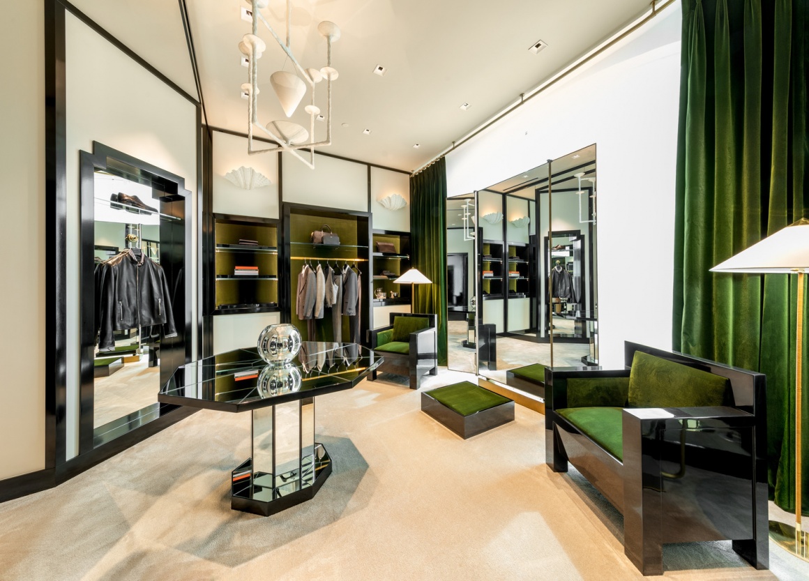 modern shop room, green and golden furniture