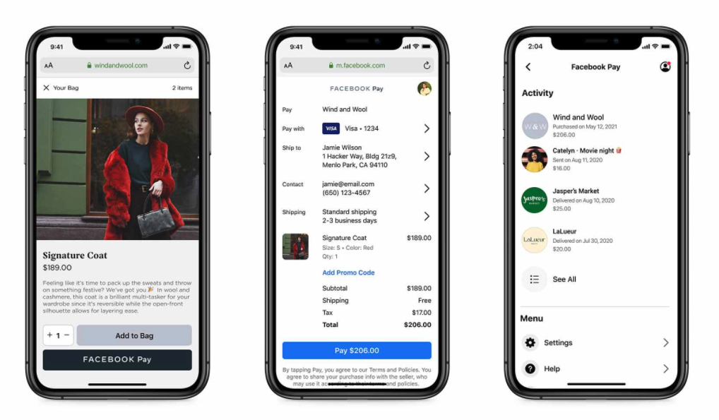 Three smartphones show the Facebook Pay functions