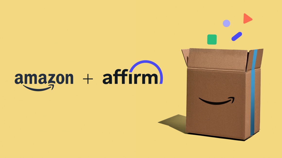 logos of Affirm and Amazon next to an Amazon package...