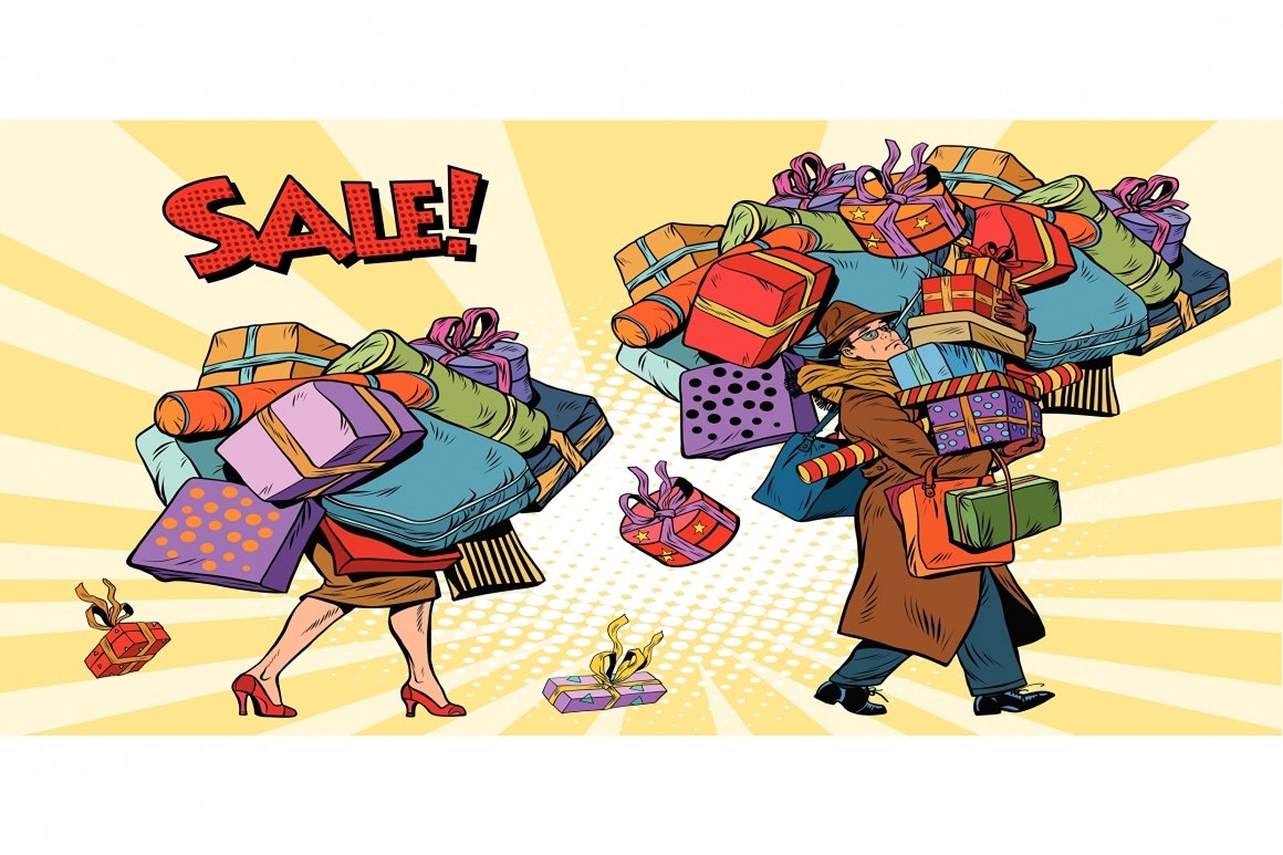 A comic of a man and a woman carrying tons of wrapped gifts, the word sale!...