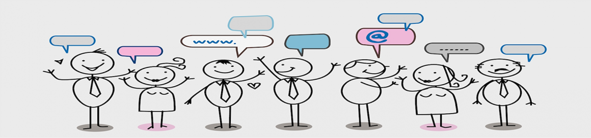 Many stick figures stand next to each other and have speech bubbles above them...