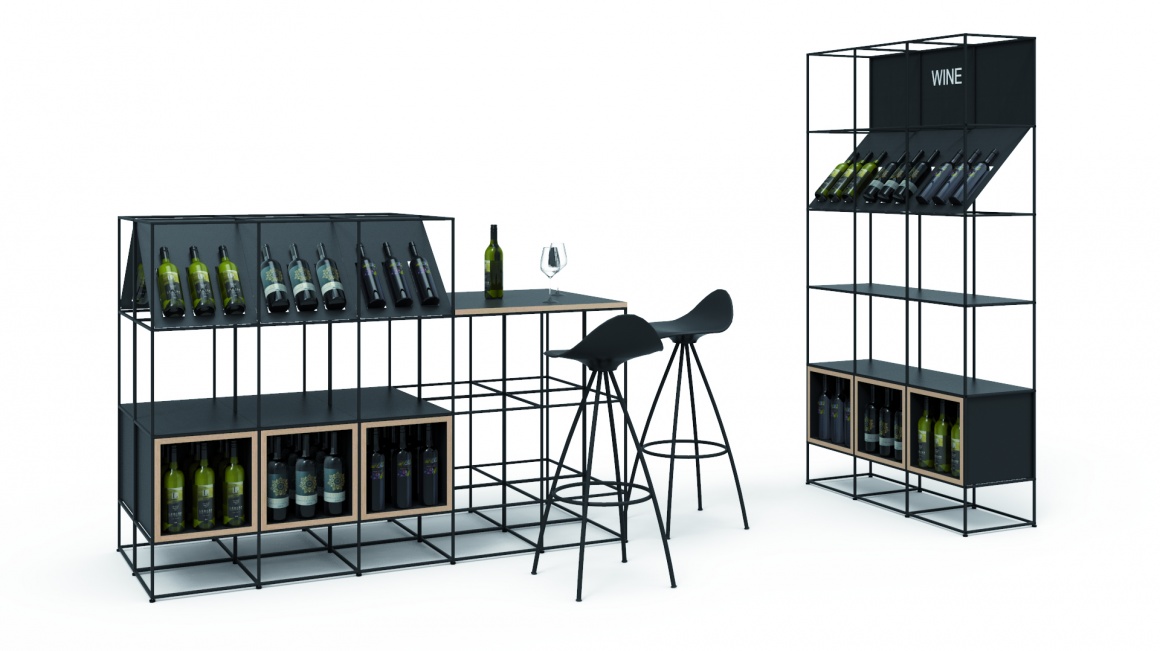 Mockup of an open shelf in a wine bar with wine bottles on display...